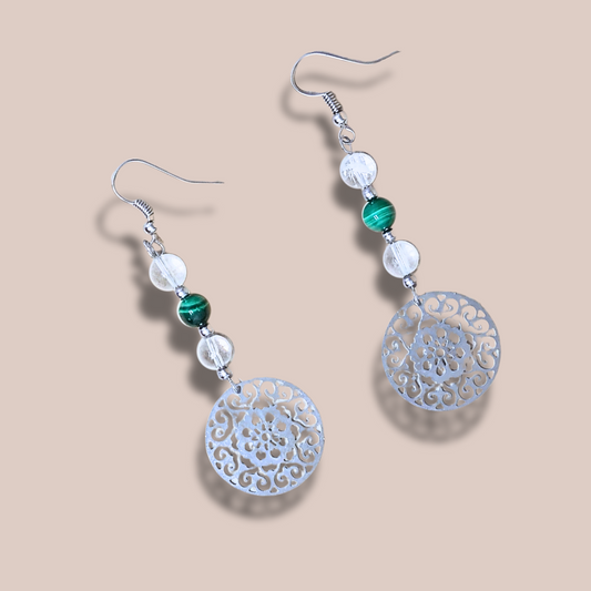 Boucles d'oreilles en perles de Malachite et Cristal de Roche (BO213)