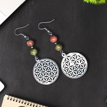 Boucles d'Oreilles en Unakite et Fleur de Vie (BOHM205)