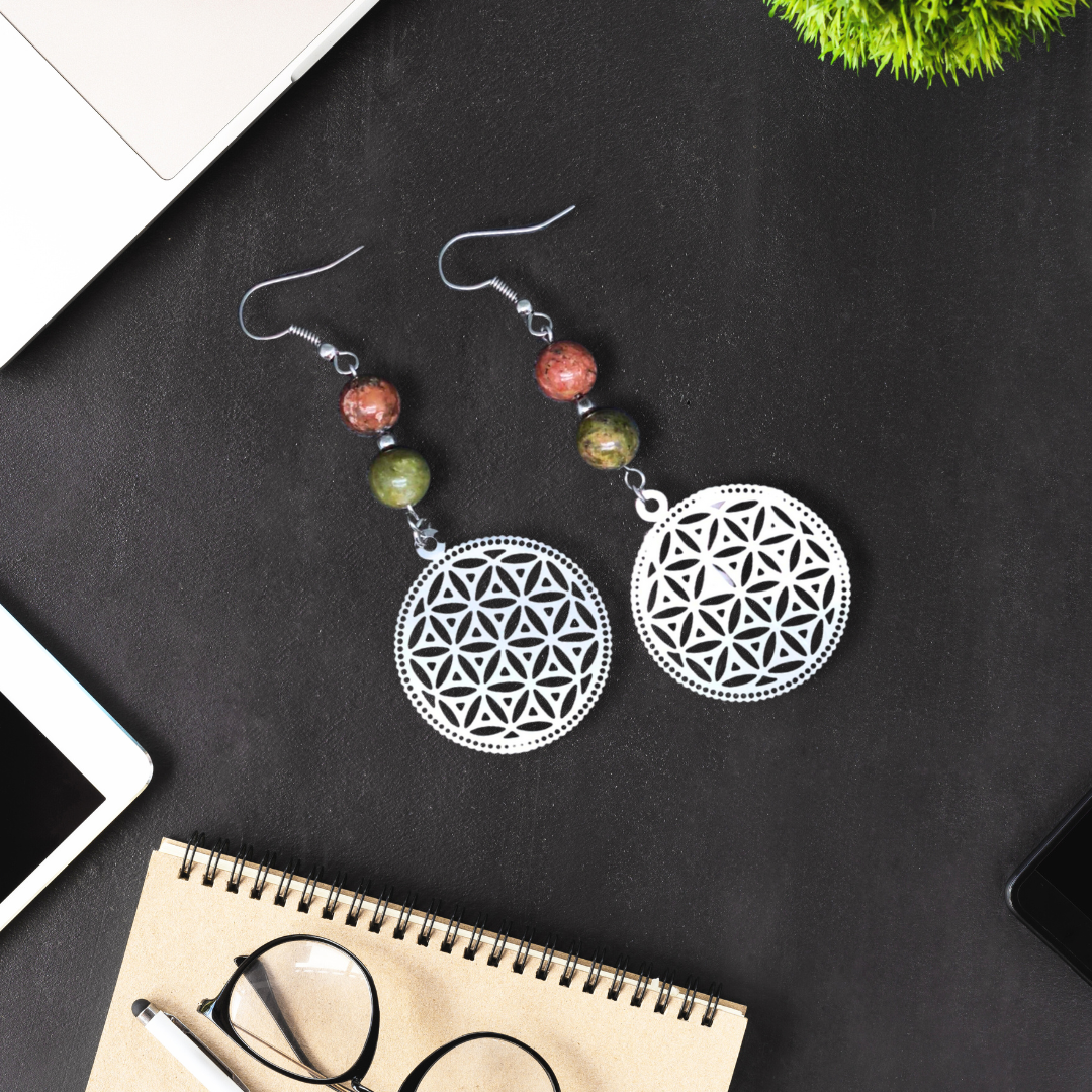 Boucles d'Oreilles en Unakite et Fleur de Vie (BOHM205)