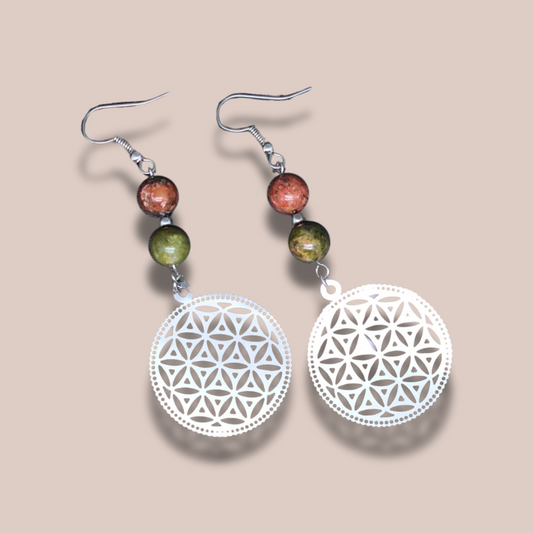 Boucles d'Oreilles en Unakite et Fleur de Vie (BOHM205)