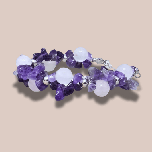 Bracelet tissé en Quartz rose et Améthyste