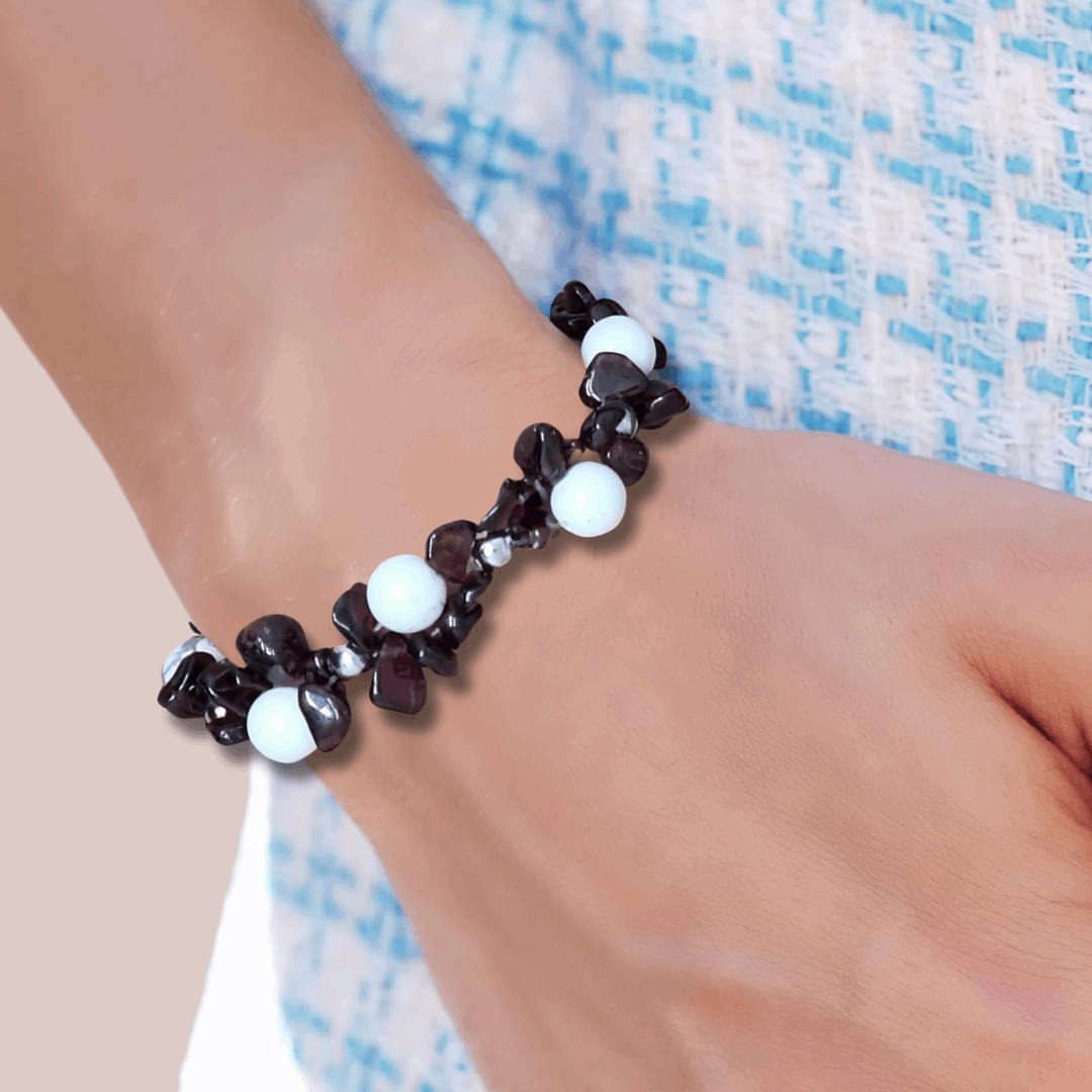 Bracelet tissé en Howlite et Grenat