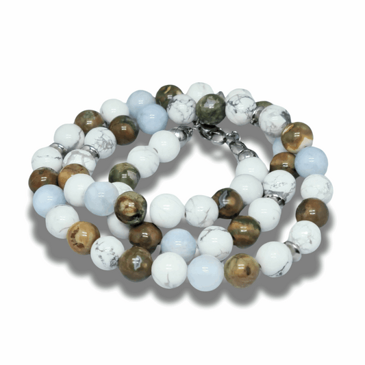 Bracelet triple tour et collier en Howlite, Rhyolite et Aigue-Marine (COLBR23-53) - ENAE Minéraux