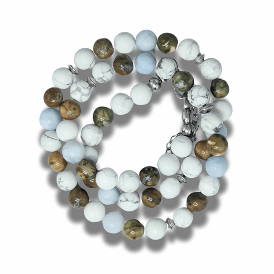 Bracelet triple tour et collier en Howlite, Rhyolite et Aigue-Marine (COLBR23-53)
