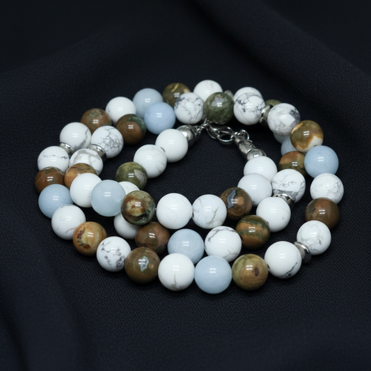 Bracelet triple tour et collier en Howlite, Rhyolite et Aigue-Marine (COLBR23-53)