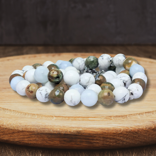 Bracelet triple tour et collier en Howlite, Rhyolite et Aigue-Marine (COLBR23-53) - ENAE Minéraux