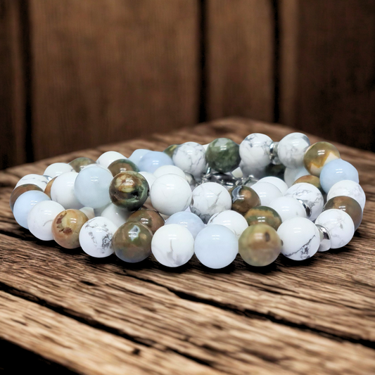 Bracelet triple tour et collier en Howlite, Rhyolite et Aigue-Marine (COLBR23-53)