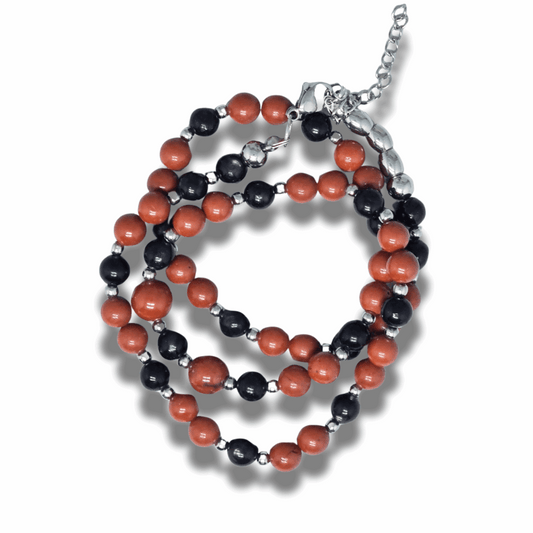 Bracelet triple tour et collier en Jaspe rouge et Hypersthène (COLBR23-55) - ENAE Minéraux