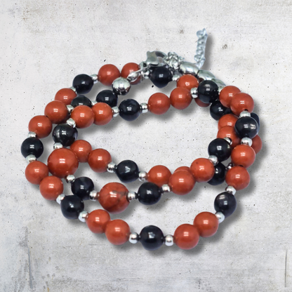 Bracelet triple tour et collier en Jaspe rouge et Hypersthène (COLBR23-55) - ENAE Minéraux