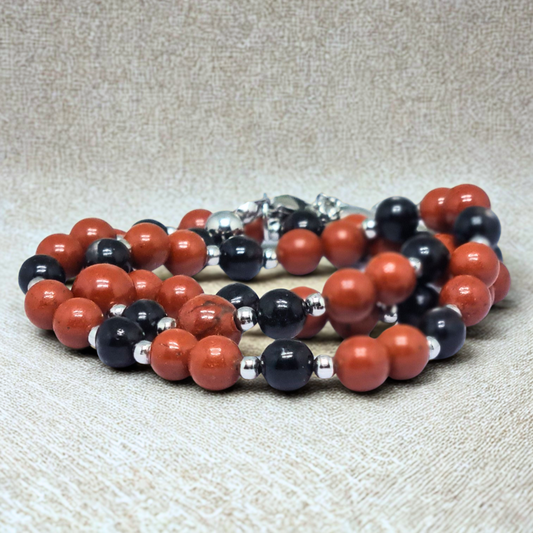 Bracelet triple tour et collier en Jaspe rouge et Hypersthène (COLBR23-55)