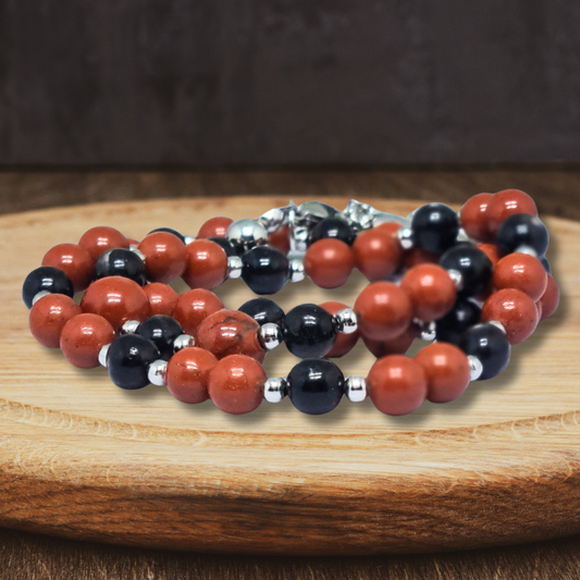 Bracelet triple tour et collier en Jaspe rouge et Hypersthène (COLBR23-55) - ENAE Minéraux