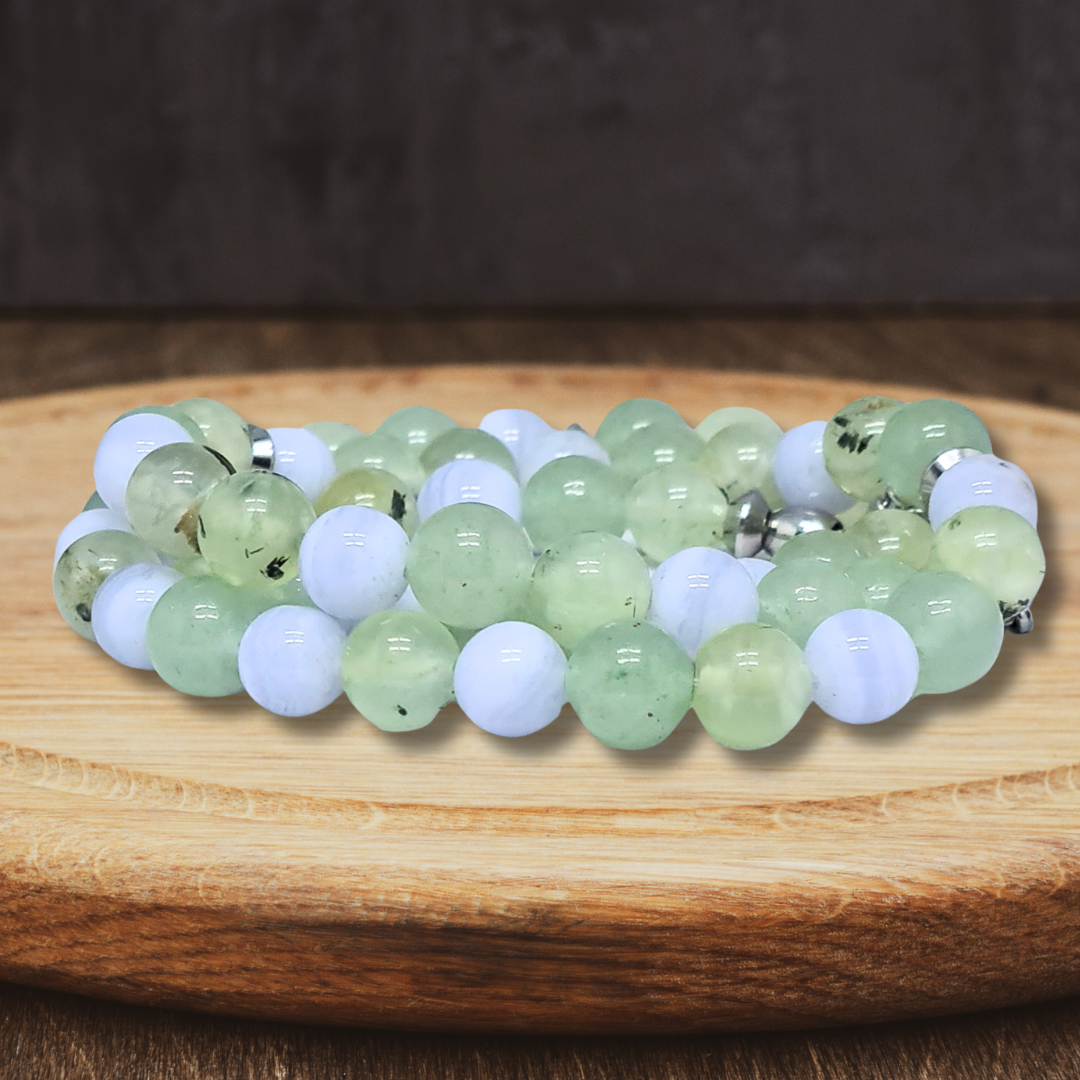 Bracelet triple tour et collier en Prehnite et Agate bleue (COLBR23-52) - ENAE Minéraux
