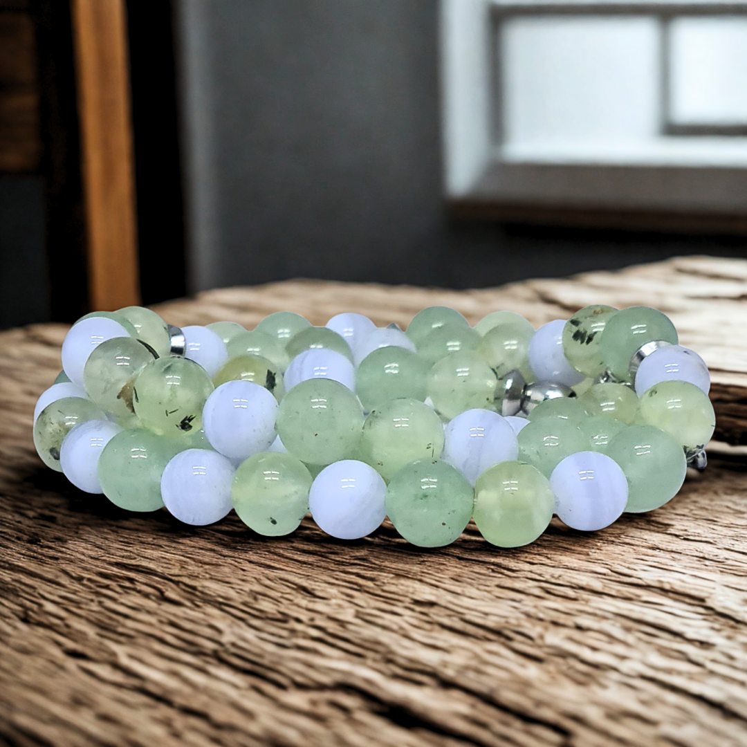 Bracelet triple tour et collier en Prehnite et Agate bleue (COLBR23-52)