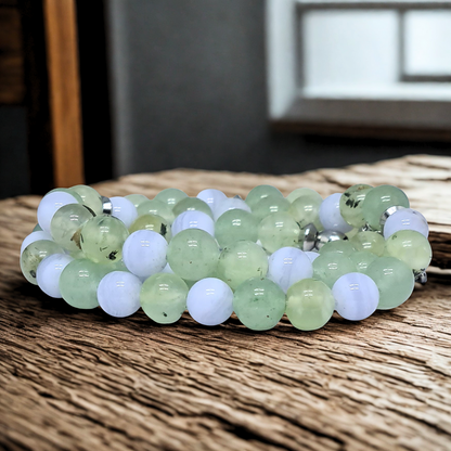 Bracelet triple tour et collier en Prehnite et Agate bleue (COLBR23-52)