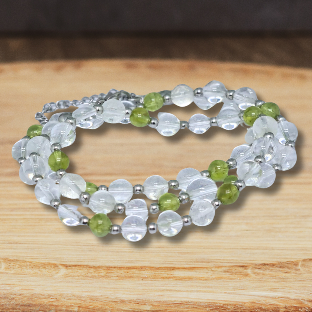 Bracelet triple tour et collier en Cristal de Roche et Péridot (COLBR23-56) - ENAE Minéraux