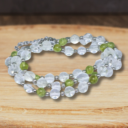 Bracelet triple tour et collier en Cristal de Roche et Péridot (COLBR23-56) - ENAE Minéraux