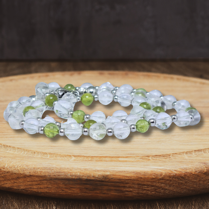 Bracelet triple tour et collier en Cristal de Roche et Péridot (COLBR23-56) - ENAE Minéraux
