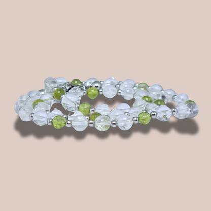 Bracelet triple tour et collier en Cristal de Roche et Péridot (COLBR23-56)