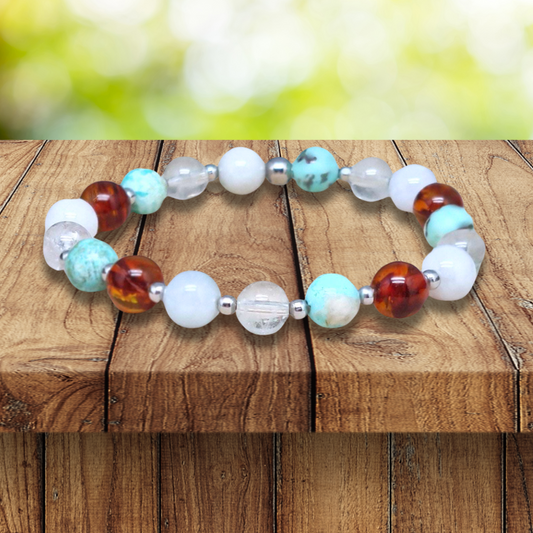 Bracelet en Ambre, Turquoise, Topaze et Célestine