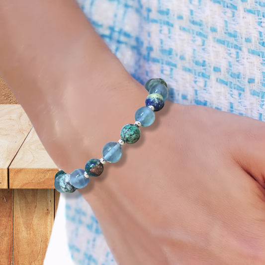 Bracelet en Fluorite bleue et Chrysocolle, Azurite et Malachite