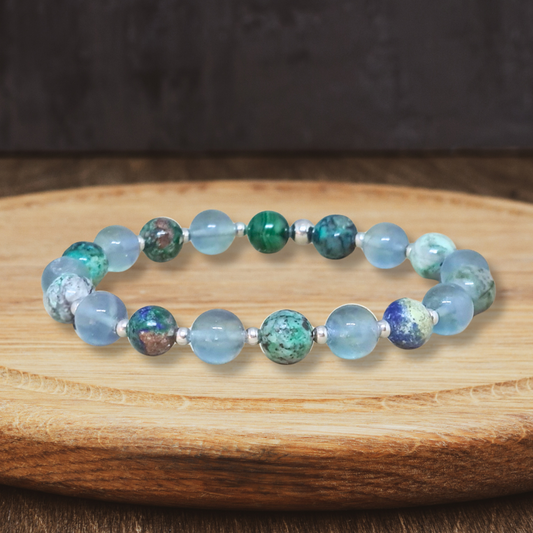 Bracelet en Fluorite bleue et Chrysocolle, Azurite et Malachite