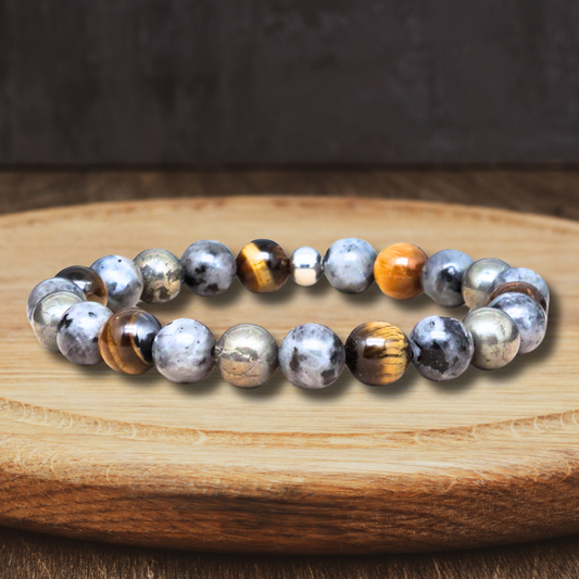 Bracelet en Œil de Tigre, Larvikite et Pyrite - ENAE Minéraux