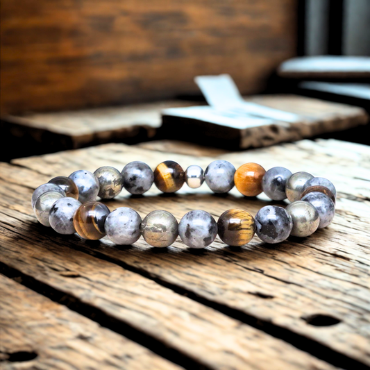 Bracelet en Œil de Tigre, Larvikite et Pyrite