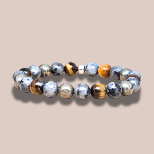 Bracelet en Œil de Tigre, Larvikite et Pyrite