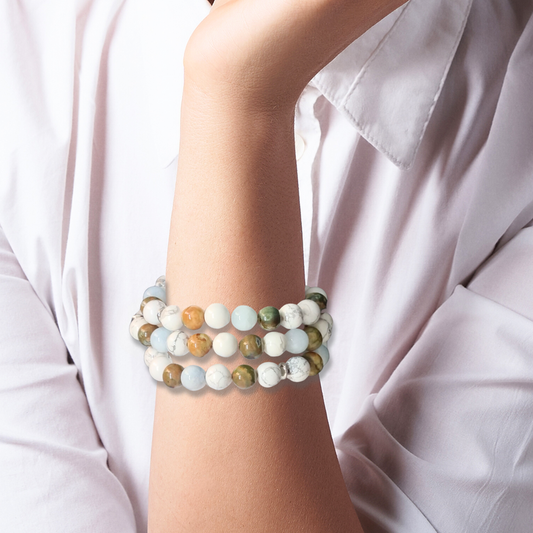 Bracelet triple tour et collier en Howlite, Rhyolite et Aigue-Marine (COLBR23-53)