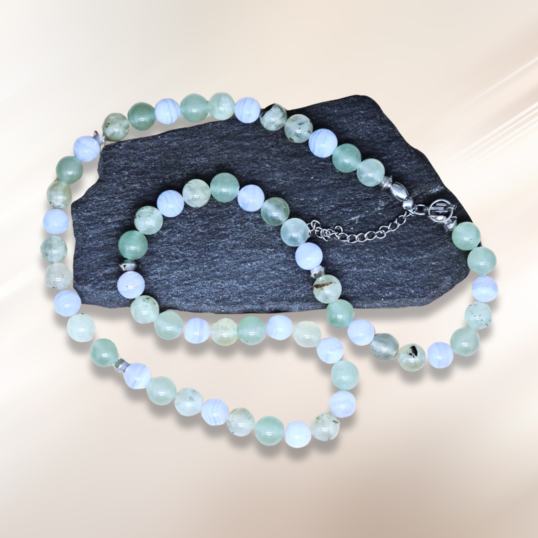 Bracelet triple tour et collier en Préhnite et Agate bleue (COLBR23-52)