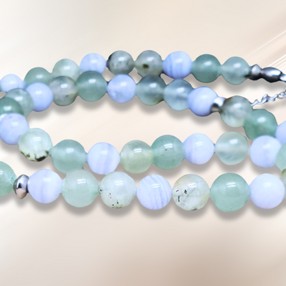 Bracelet triple tour et collier en Préhnite et Agate bleue (COLBR23-52)