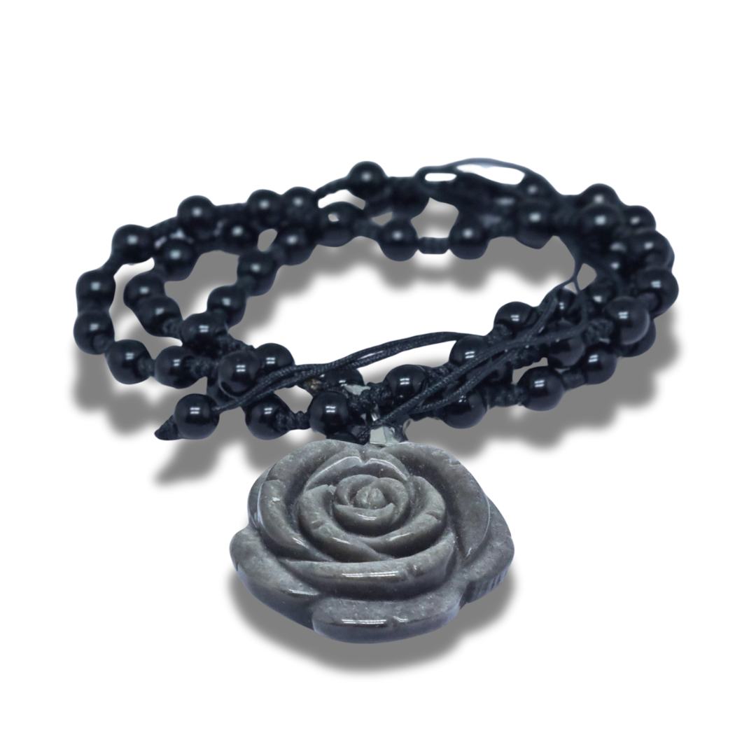 Collier style Mala Fleur en Obsidienne noire et argentée (COL23-45) - ENAE Minéraux