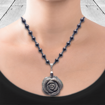 Collier style Mala Fleur en Obsidienne noire et argentée (COL23-45) - ENAE Minéraux