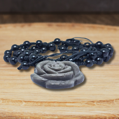 Collier style Mala Fleur en Obsidienne noire et argentée (COL23-45) - ENAE Minéraux