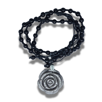 Collier style Mala Fleur en Obsidienne noire et argentée (COL23-45) - ENAE Minéraux