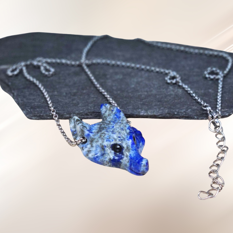 Lapis Lazuli, lithotherapie, pendentif, pierre, tete de loup ENAE Mineraux