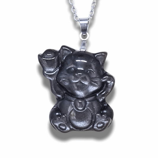 Pendentif chat porte-bonheur en Obsidienne argentée (PE1294-17) - ENAE Minéraux