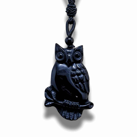 Pendentif chouette sur sa branche en Obsidienne noire (PE1296-7)
