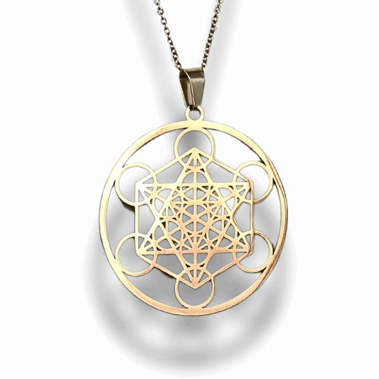 Pendentif Cube de Metatron en acier inoxydable doré