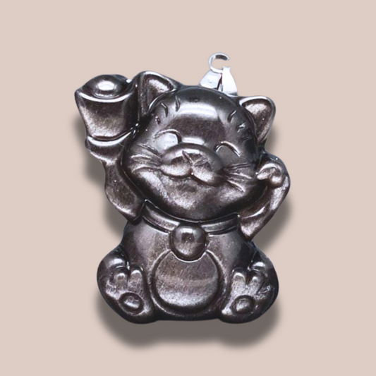 Pendentif chat porte-bonheur en Obsidienne argentée (PE1294-14)