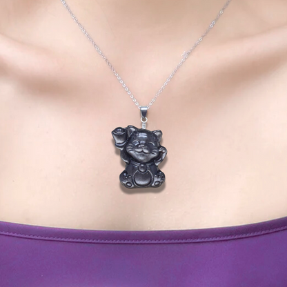 Pendentif chat porte-bonheur en Obsidienne argentée (PE1294-14) - ENAE Minéraux