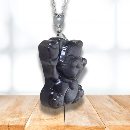 Pendentif chat porte-bonheur en Obsidienne argentée (PE1294-14) - ENAE Minéraux