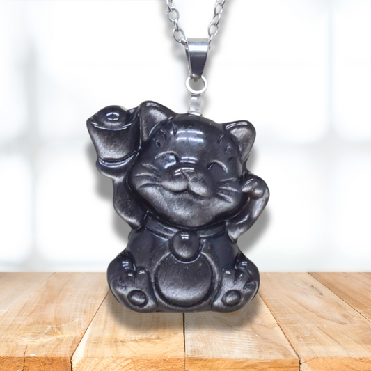 Pendentif chat porte-bonheur en Obsidienne argentée (PE1294-14) - ENAE Minéraux