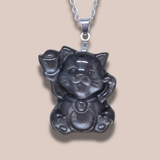 Pendentif chat porte-bonheur en Obsidienne argentée (PE1294-17)