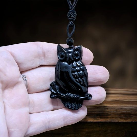 Pendentif chouette sur sa branche en Obsidienne noire (PE1296-7)