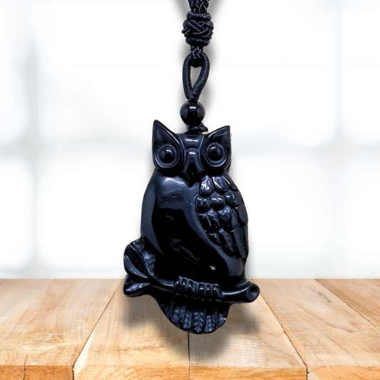 Pendentif chouette sur sa branche en Obsidienne noire (PE1296-7) - ENAE Minéraux
