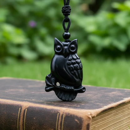 Pendentif chouette sur sa branche en Obsidienne noire (PE1296-7)