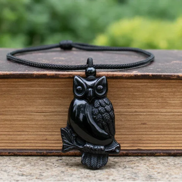 Pendentif chouette sur sa branche en Obsidienne noire (PE1296-7)