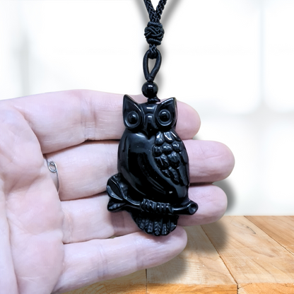 Pendentif chouette sur sa branche en Obsidienne noire (PE1296-7) - ENAE Minéraux