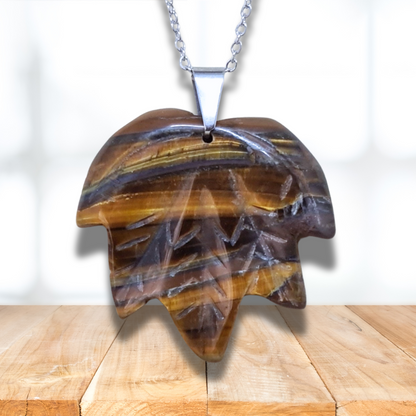 Pendentif feuille sculptée feuille Œil de Tigre (PE1219-2) - ENAE Minéraux